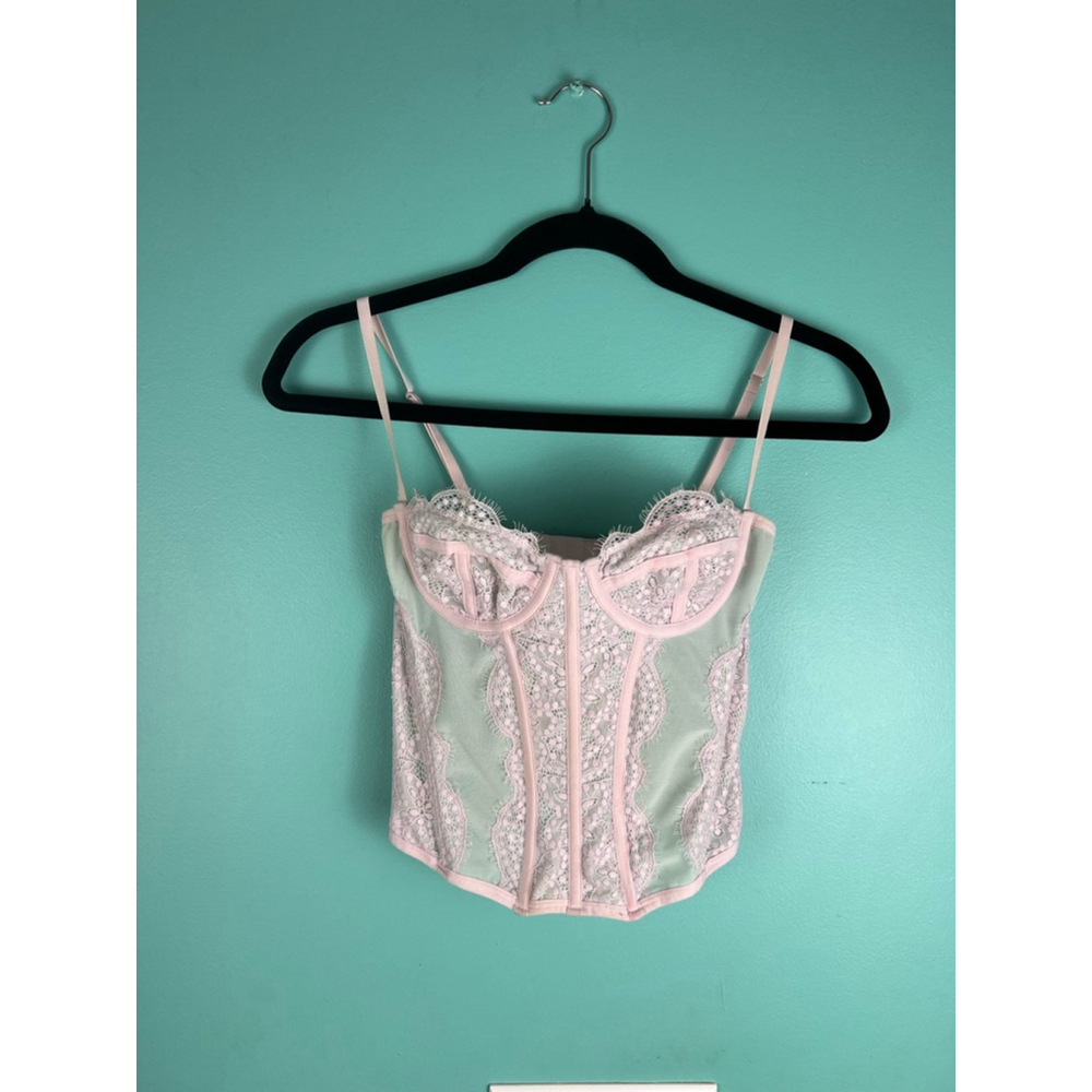 Out From Under Pink Lace Corset Bustier Top S | Sheer Mesh Lingerie Style Crop U